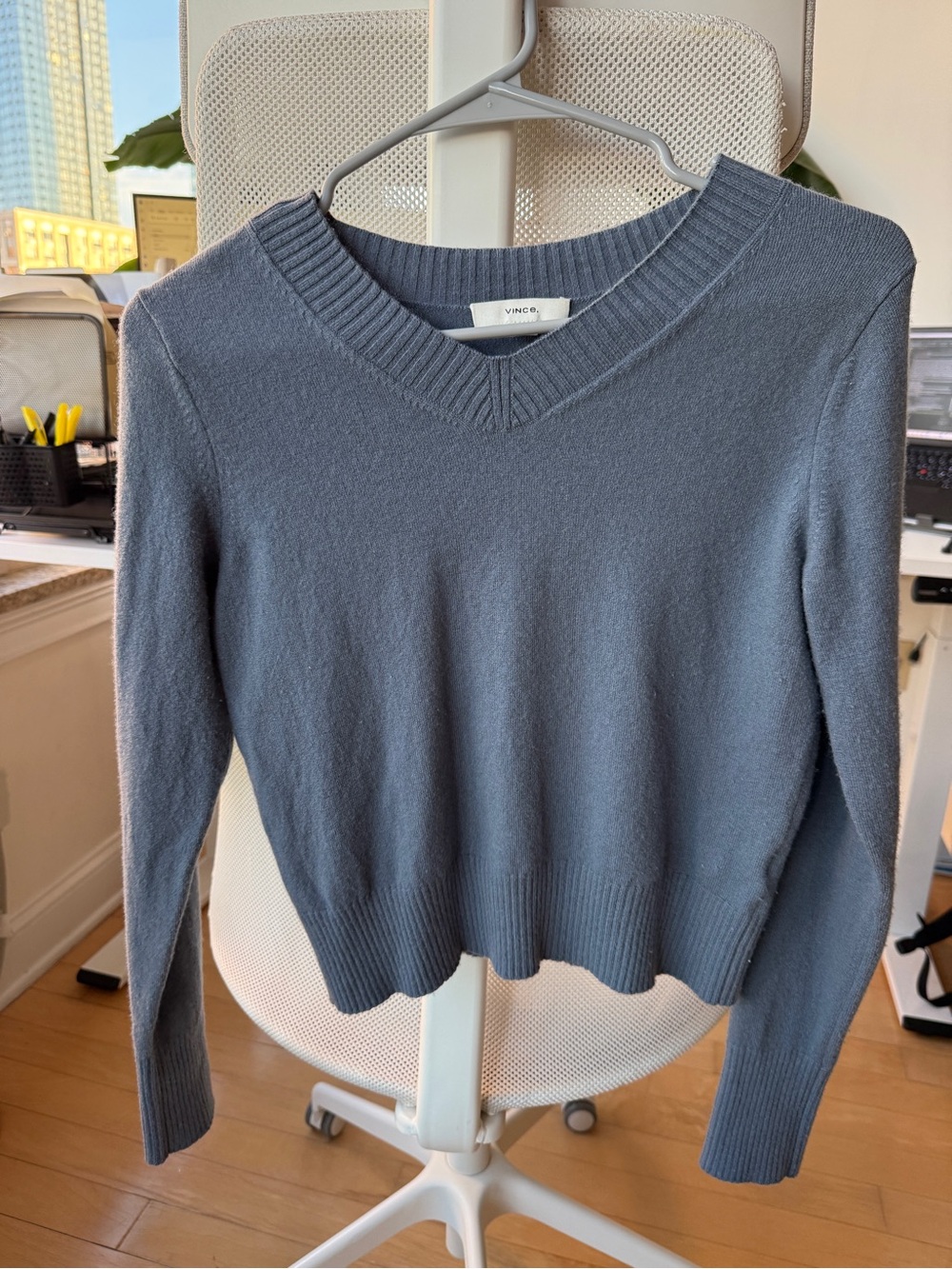 Vince Slate Blue V-Neck Cashmere-Blend Sweater